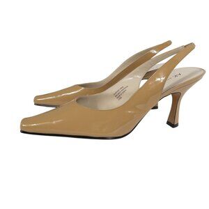 Anne Klein Nude Tan Leather Slingback SZ 10 Pointed Square Toe Heel Business